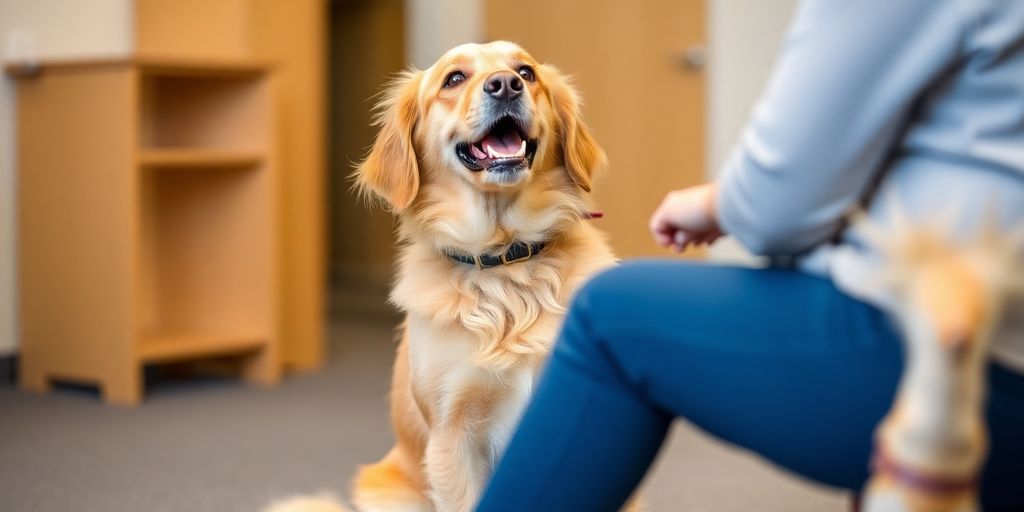 Happy dog sits attentively during obedience training session.