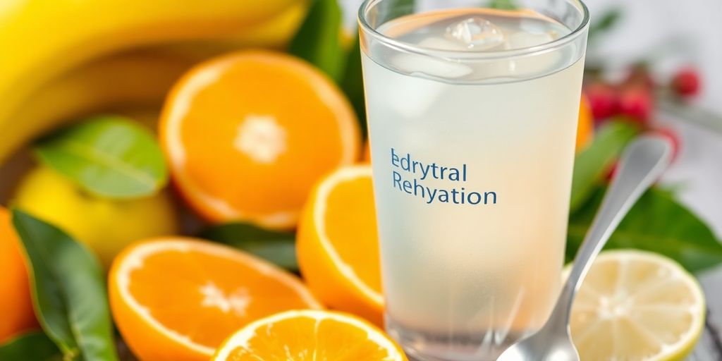 Glass of rehydration solution with fruits around it.