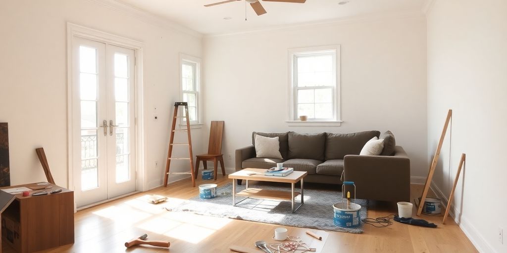 Living room with tools during home repair renovation.
