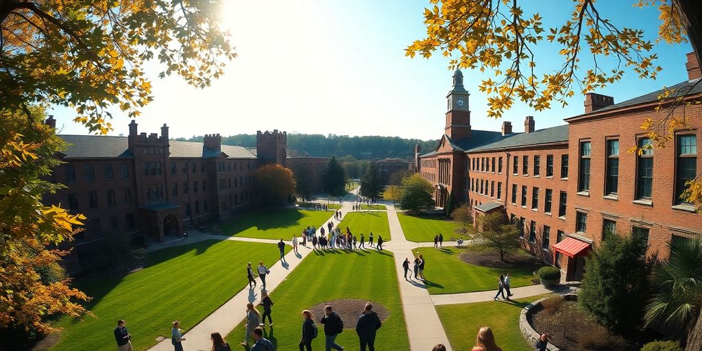 University campus with students walking by.