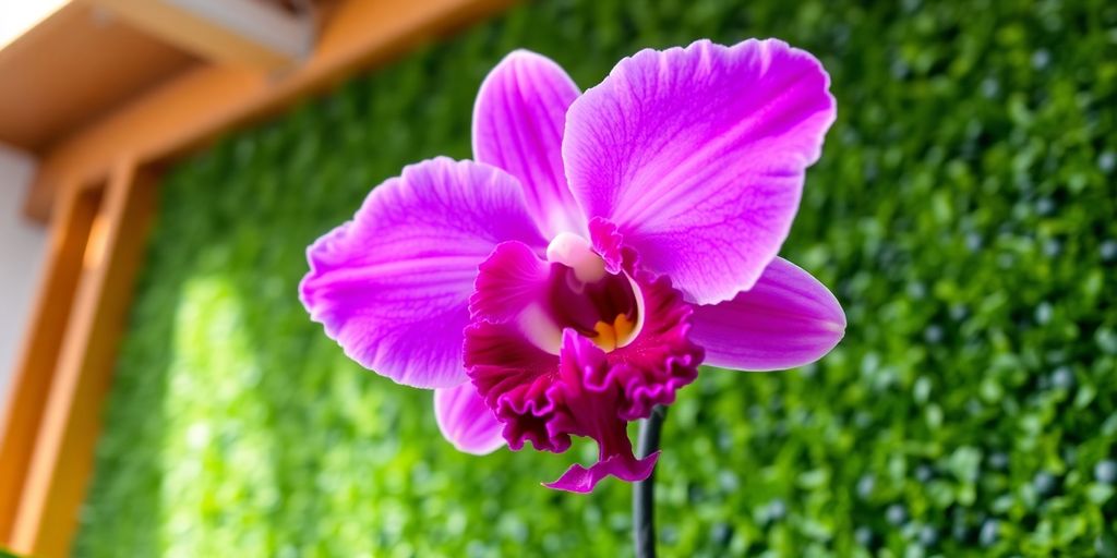 Orquídea Cattleya iluminada en panel verde interior.