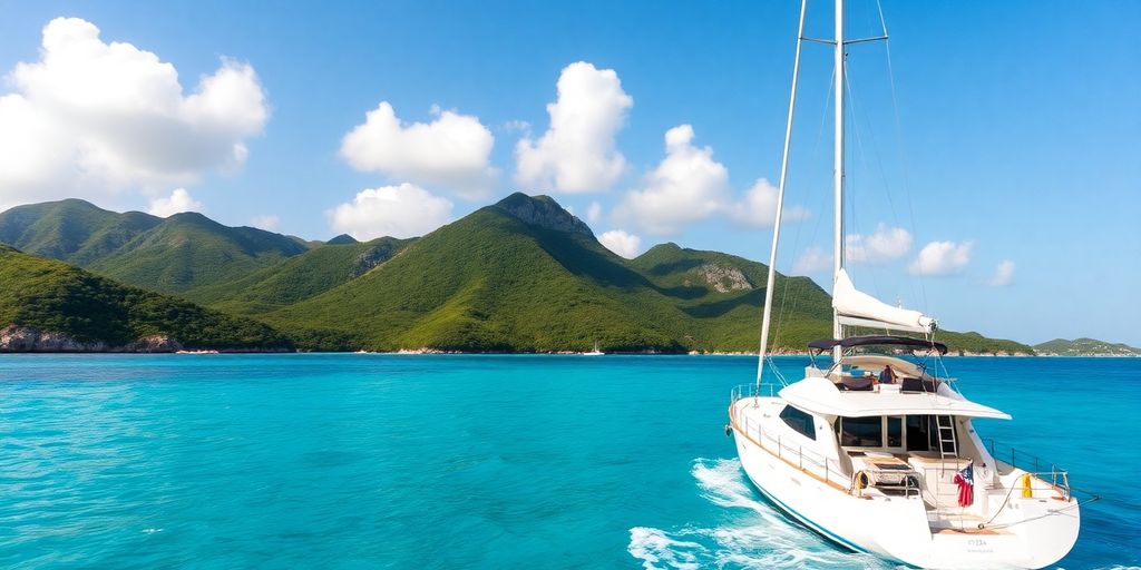 Sailboat cruising crystal blue waters of the British Virgin Islands.