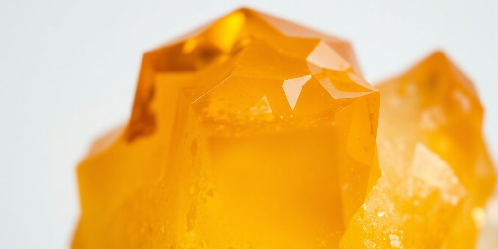 Prisma di citrino luminoso su sfondo neutro.