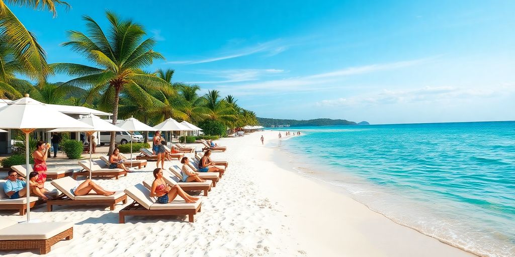 Bright beach club scene with turquoise water and soft sand