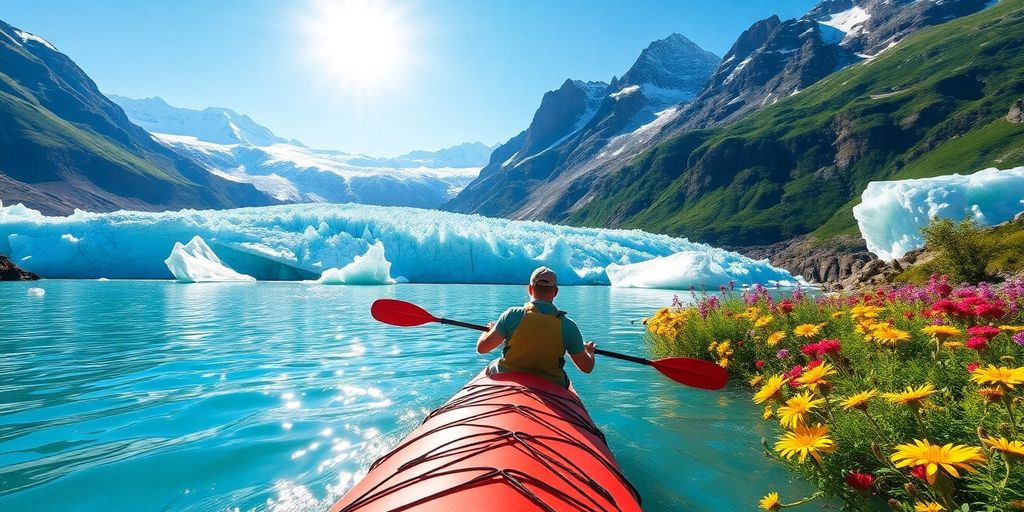 Kayaker in glacial waters surrounded by mountains in summer.