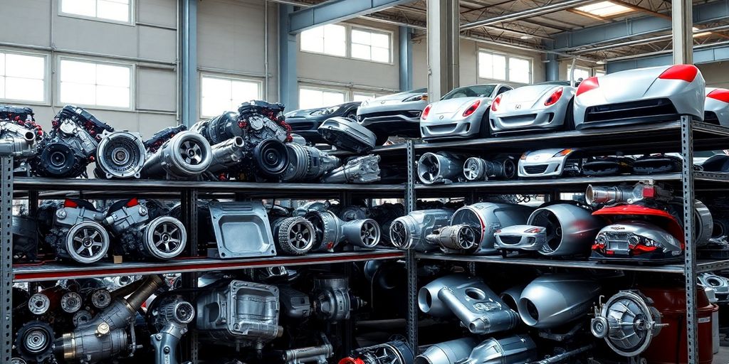 Used Honda car parts neatly organized on shelves.