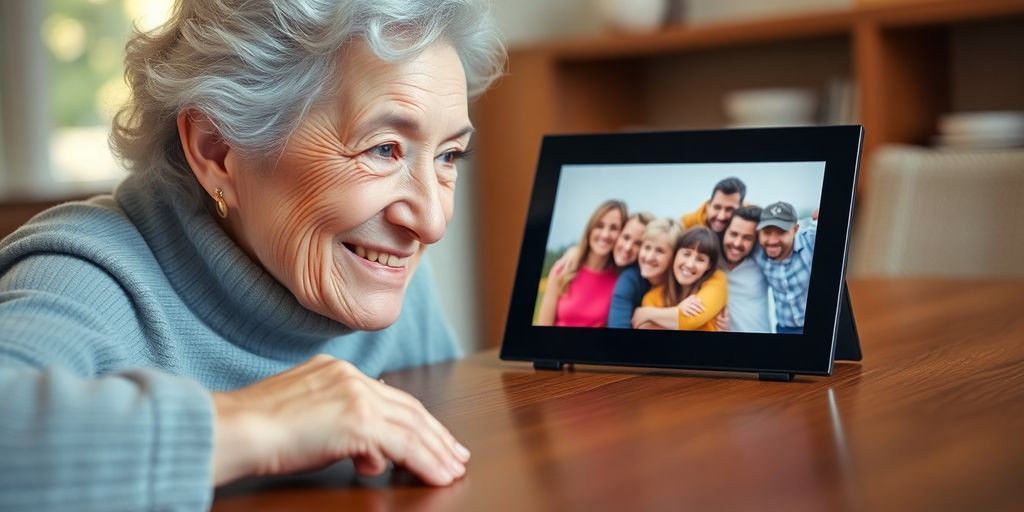 Grandma smiling with digital frame on table.