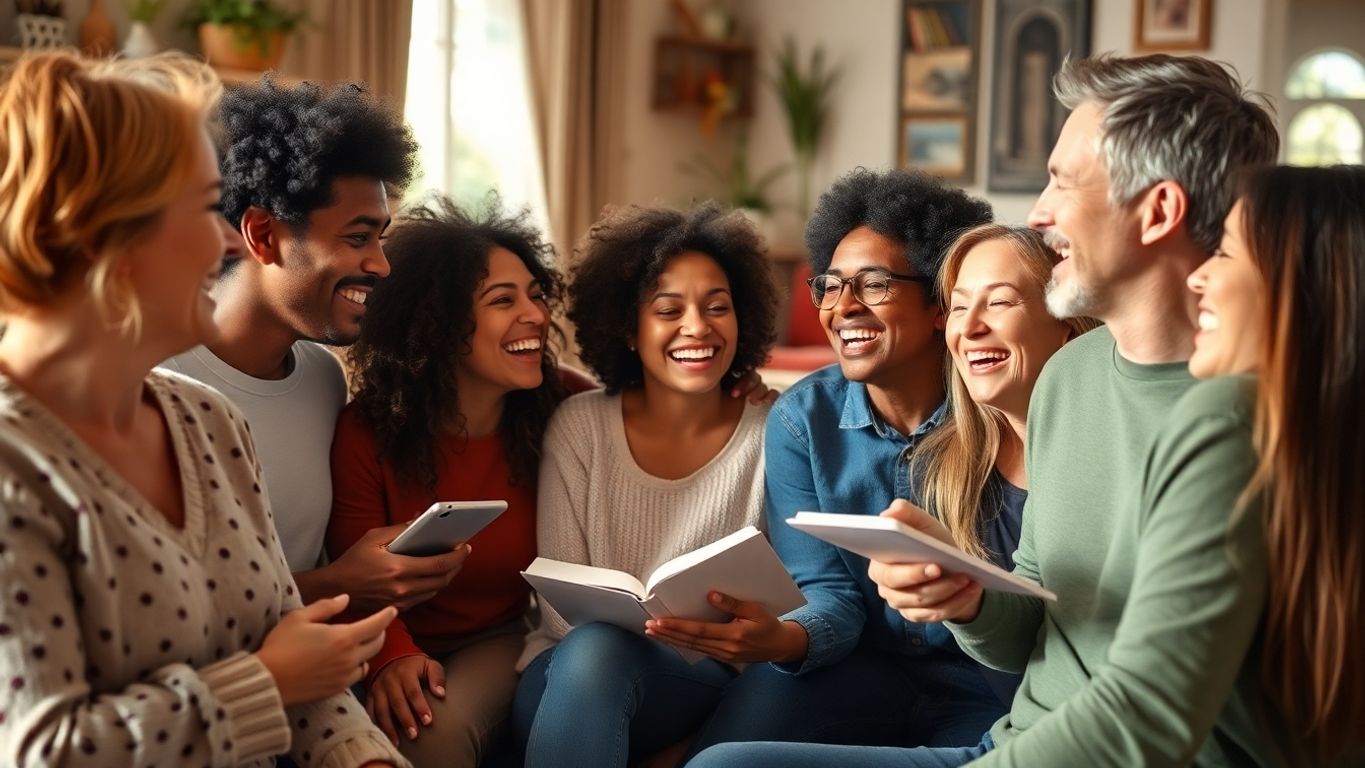 Group of friends enjoying quality time together, smiling.