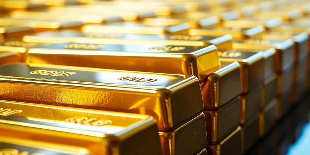 Photo de barres d'or brillantes empilées.