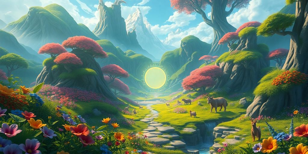 A fantastical game world with vibrant colors and mythical creatures.