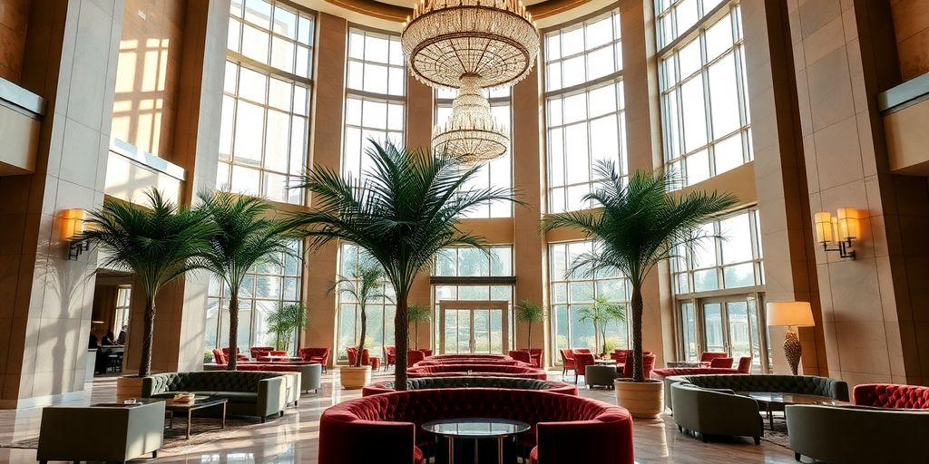 Luxury hotel lobby with ornate decor and warm lighting.