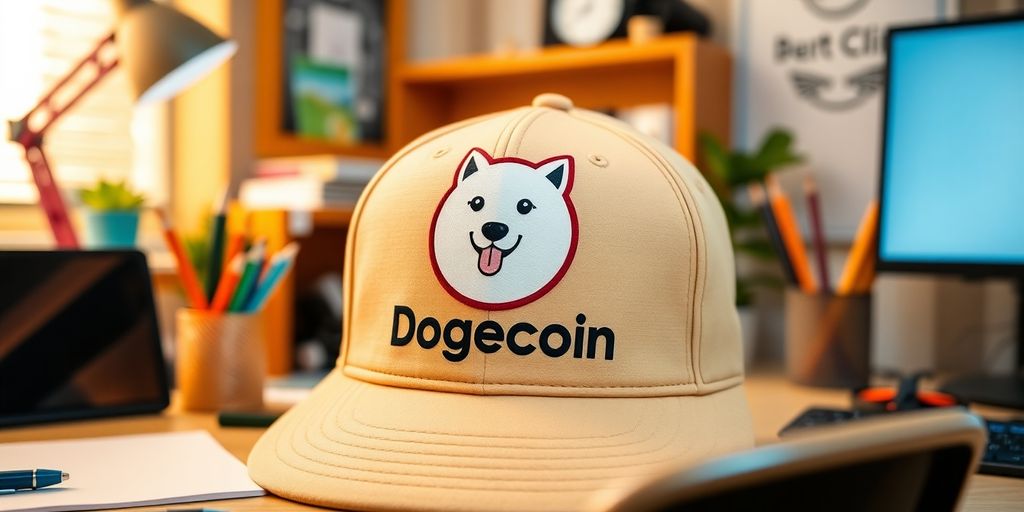 Dogecoin hat in a modern workspace environment.