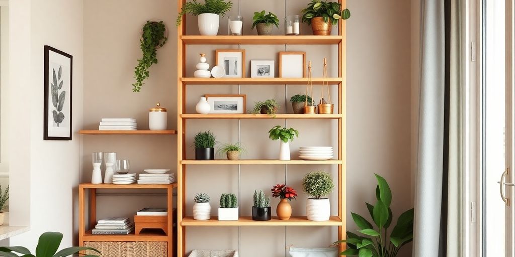 Stylish vertical hanging rack with plants and decor items.