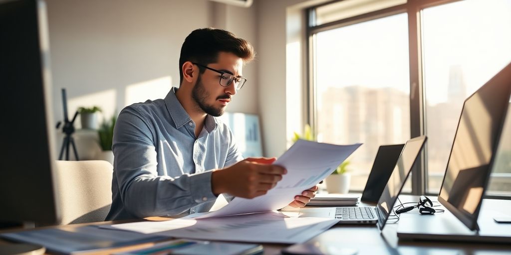 Marketing professional analyzing financial data in a modern office.