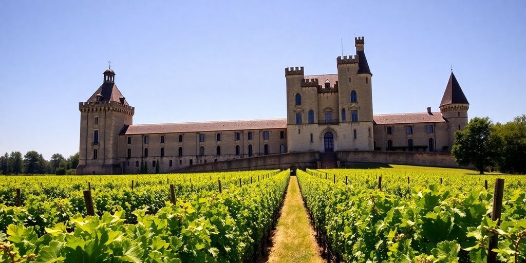 Château médiéval Saint-Émilion, vignes, ciel bleu.