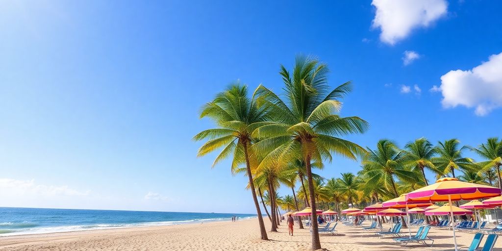 Beautiful Miami beach with palm trees and clear blue sky.