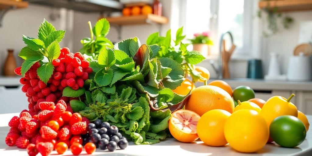 Vibrant plate of colorful fruits and vegetables.