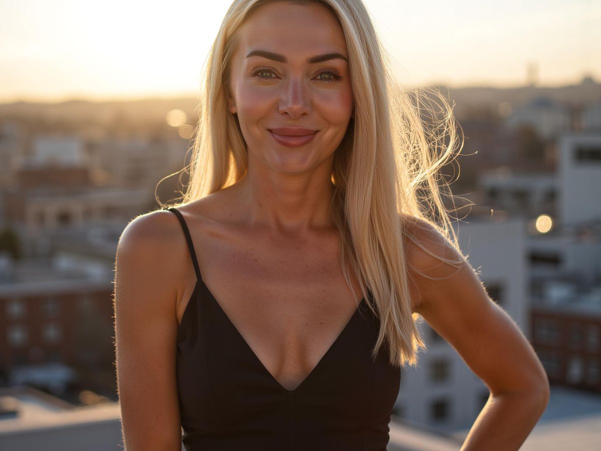 A person standing on a rooftop against a sunset backdrop.