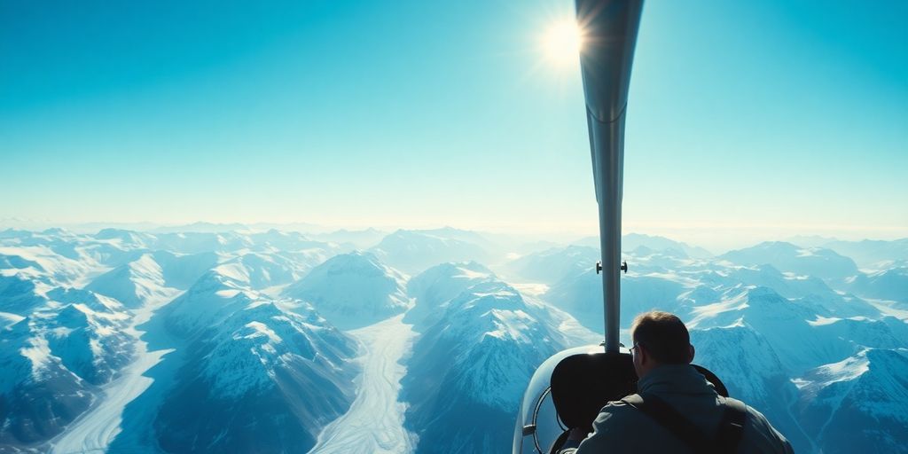 A helicopter flying over snowy Alaskan mountains and glaciers.