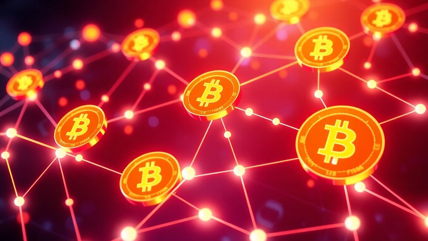3D illustration of digital coins and abstract network connections.