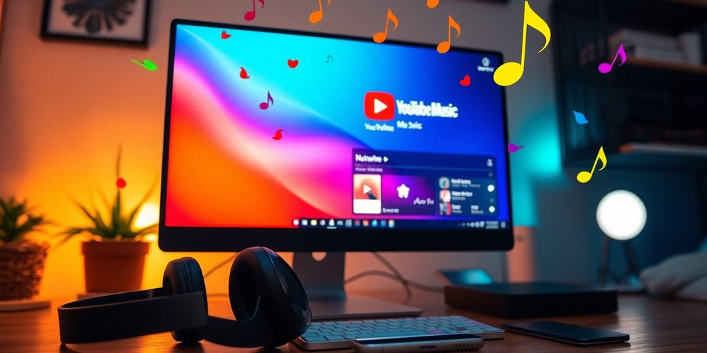 YouTube Music app on a desktop with colorful music notes.