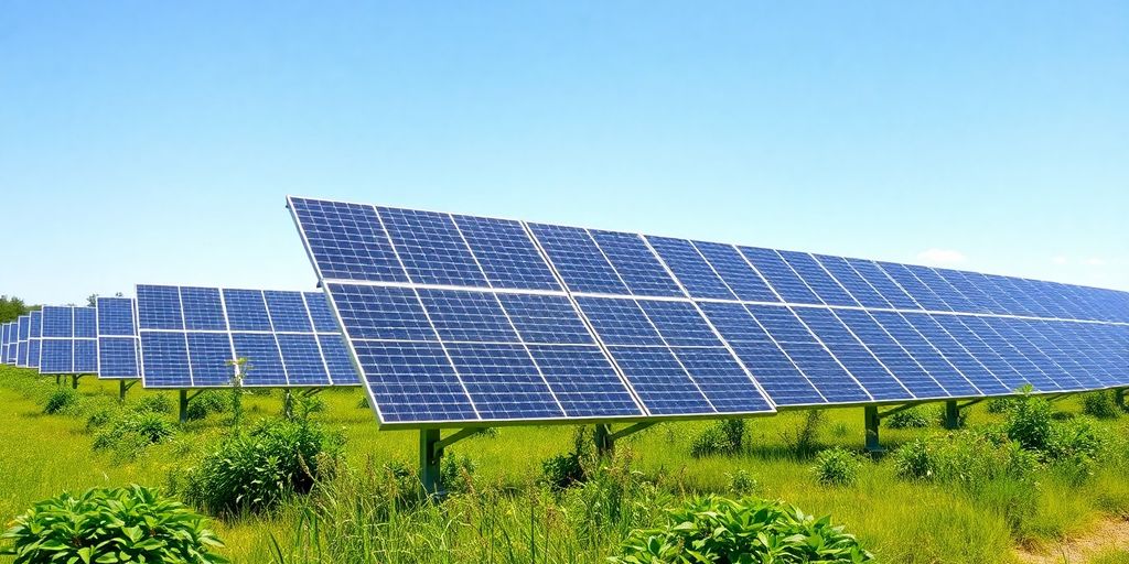 Bifacial solar panels in a sunny field with greenery.