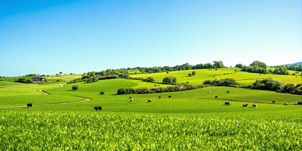 Landskap med beiteområder og beitende dyr.