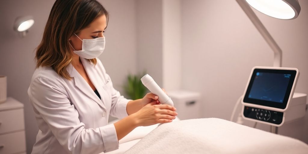 Technician performing non-invasive fat reduction on client.