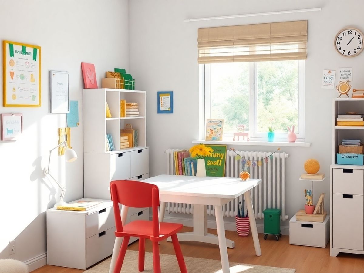 Spațiu de studiu acasă pentru copii, luminos și colorat.