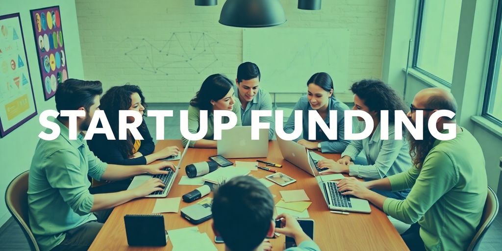 Group of entrepreneurs collaborating on startup ideas at table.