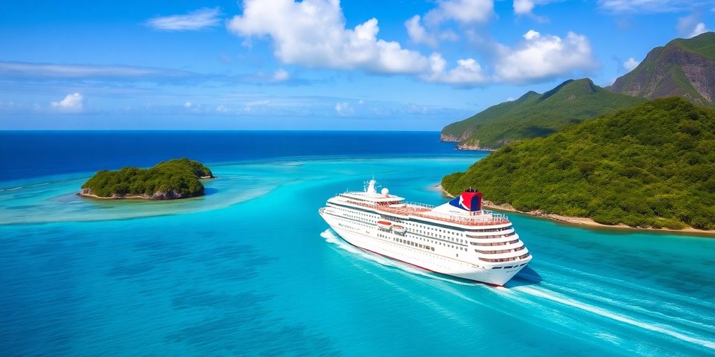 Paul Gauguin cruise ship in tropical waters.