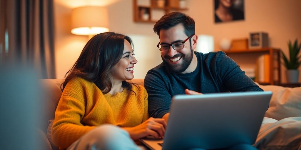 Couple video chatting happily in a cozy home setting.