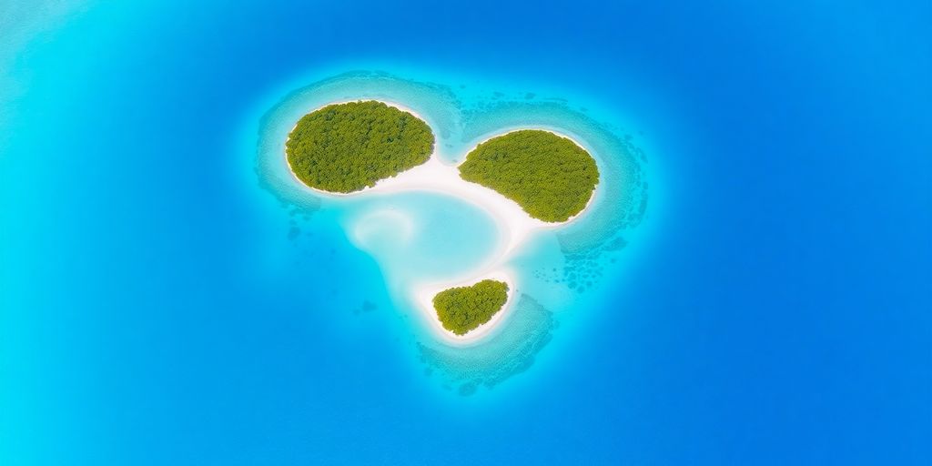 Aerial view of a heart-shaped atoll surrounded by turquoise water.