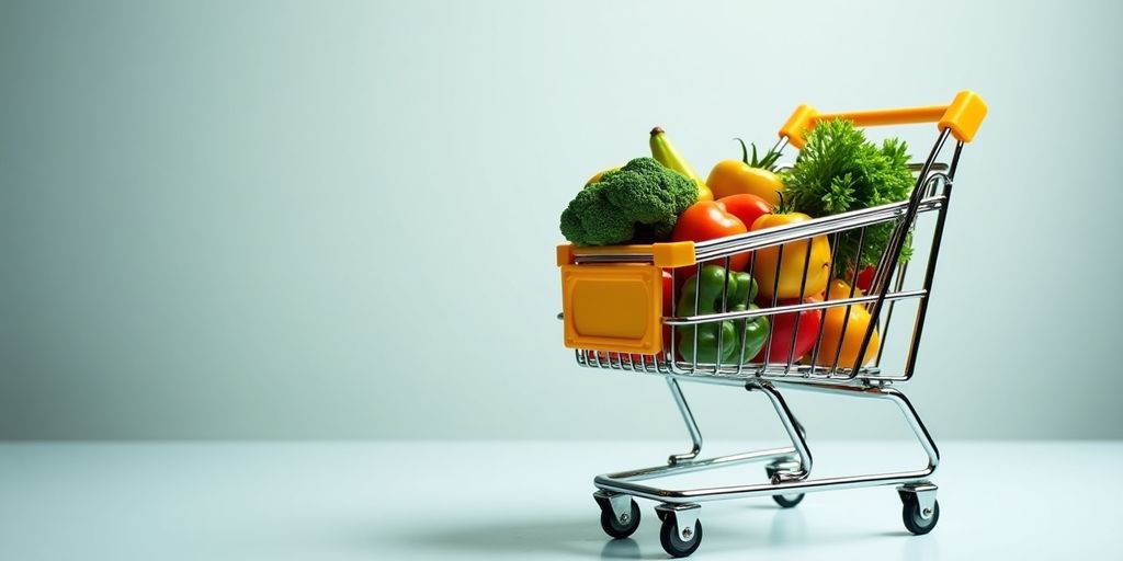 Einkaufswagen mit Lebensmitteln auf weißem Hintergrund.