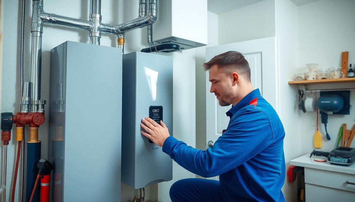 Technician inspecting a heating system in a London property.