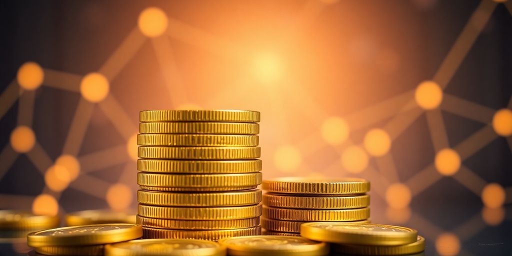 Secure digital coins, rising value, global currency network.