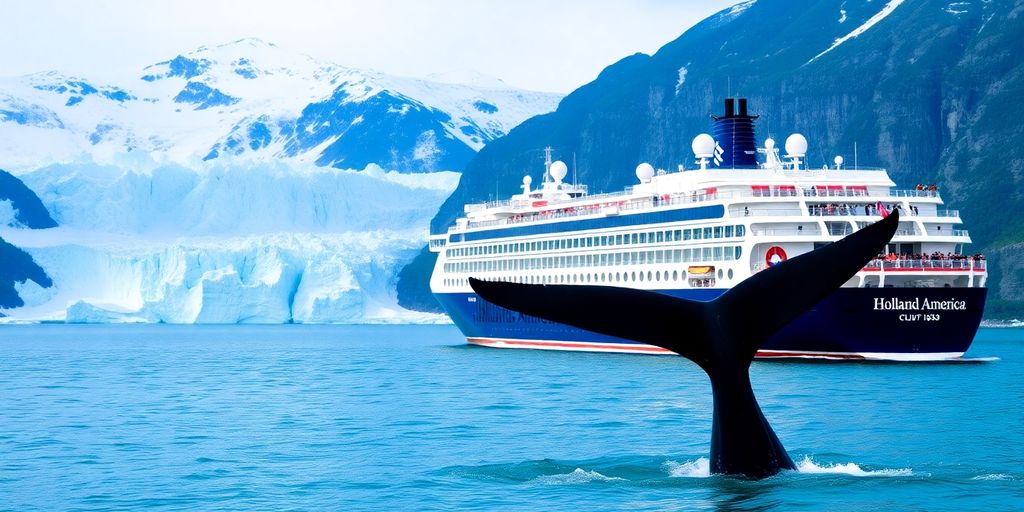 A Holland America cruise ship sailing past Alaskan glaciers.