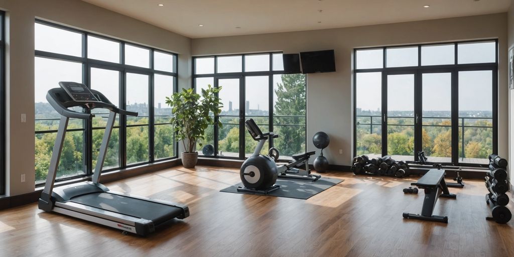 Home gym with modern equipment and large windows.