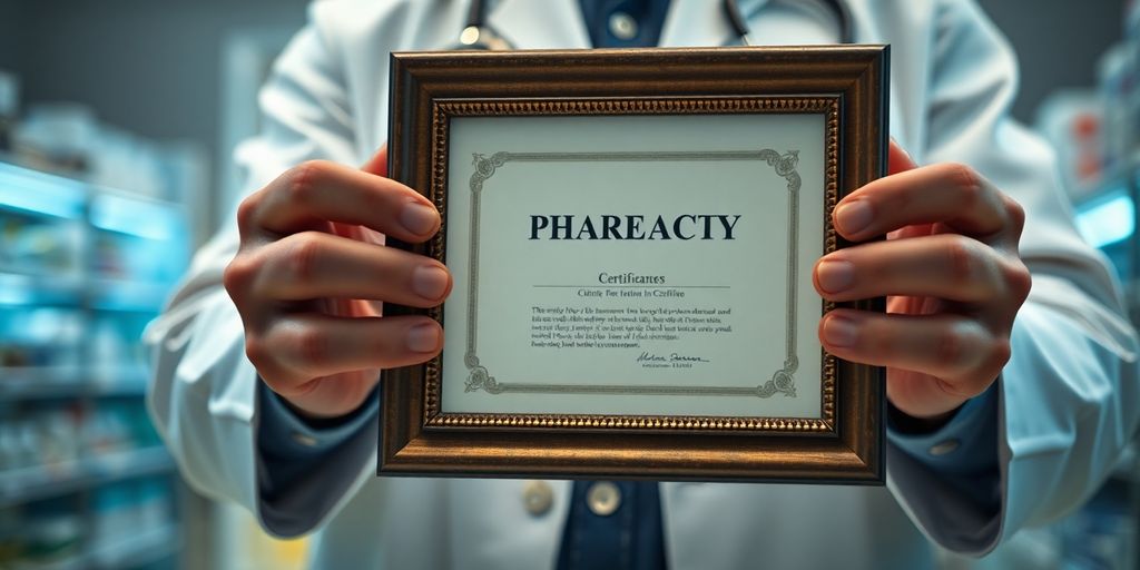 Pharmacist holding up a framed license.