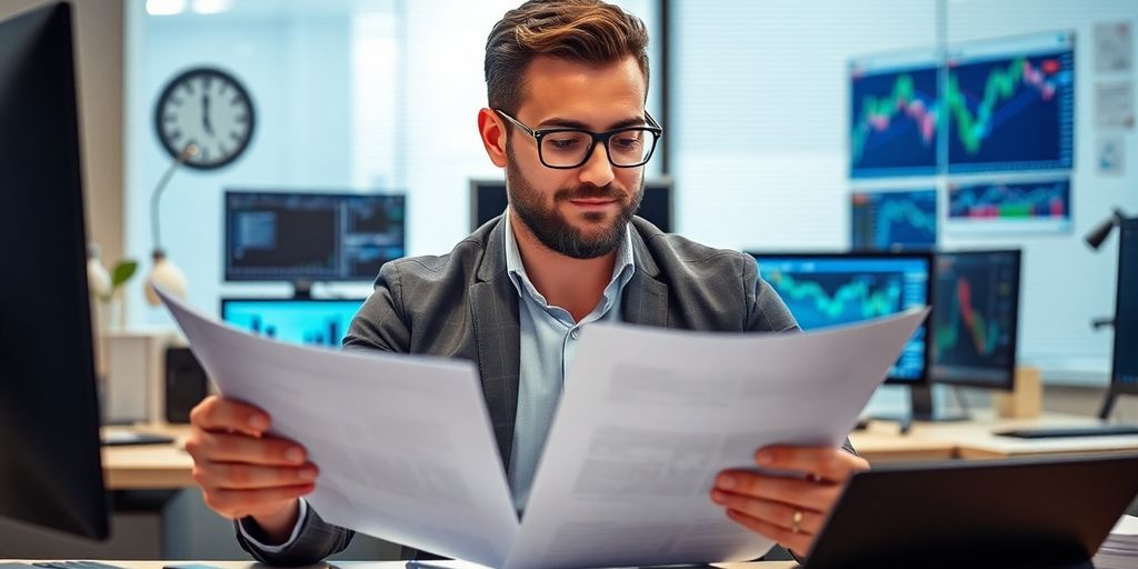 Trader evaluating documents in a modern office setting.
