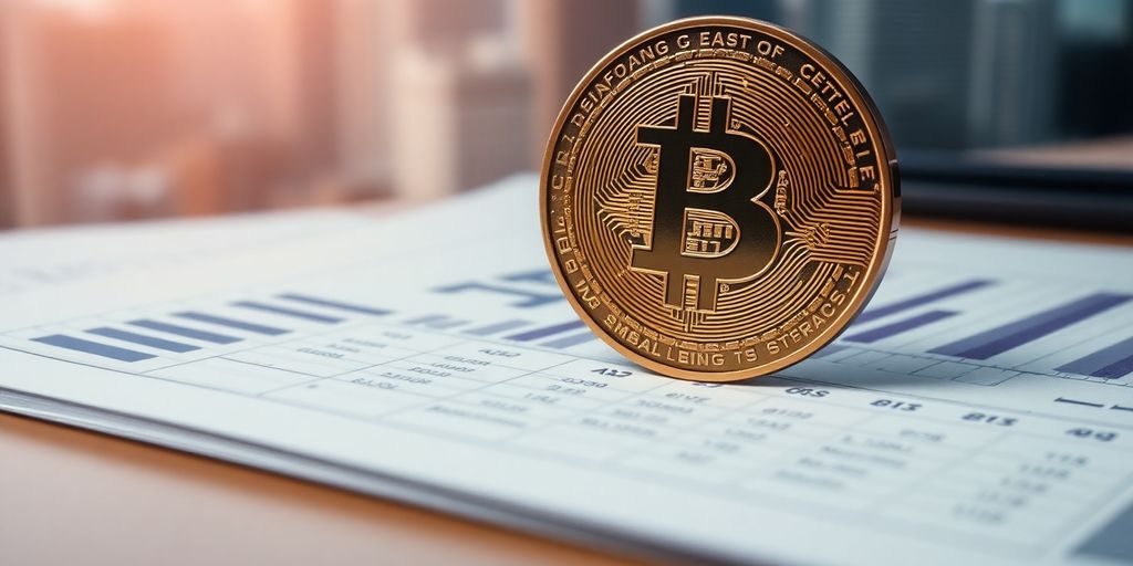 Moneta Bitcoin su un registro finanziario moderno.