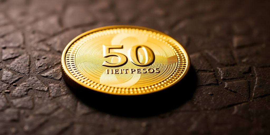 Pièce d'or 50 pesos sur une surface texturée.