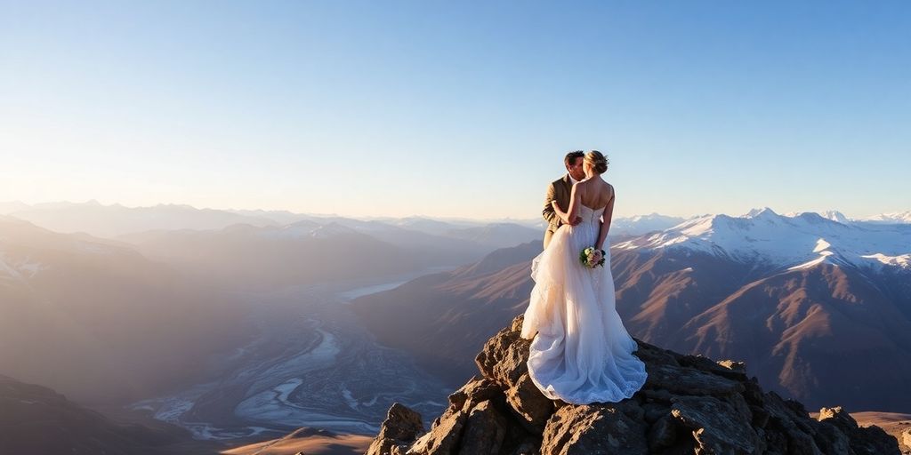 A couple eloping on a remote Alaskan mountain peak.