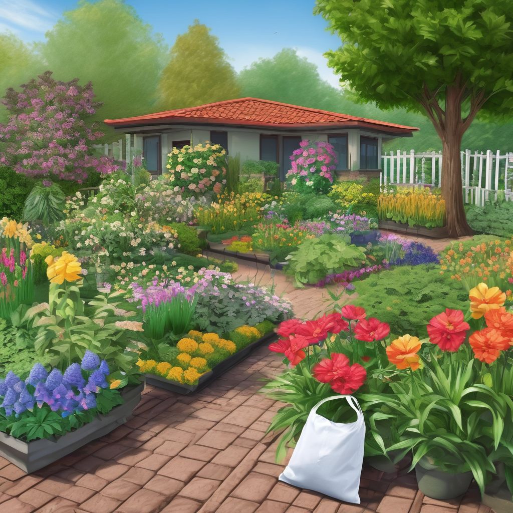 garden with various plants and flowers, showcasing different NPK fertilizer bags