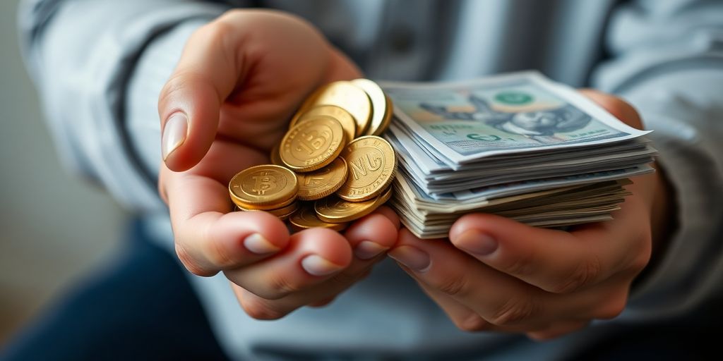 Main tenant des pièces d'or et des billets.