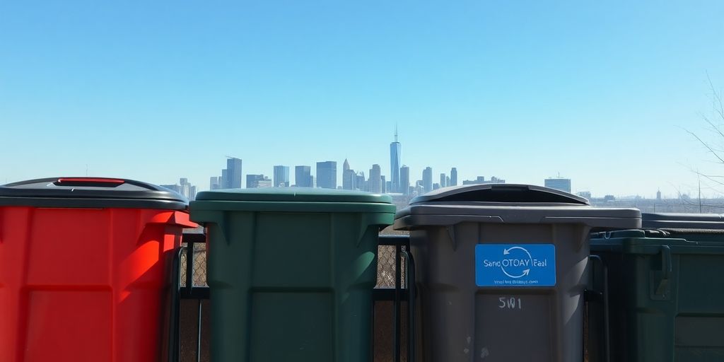 Ottawa garbage bins with city skyline in background.