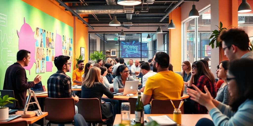 Diverse team working together in a modern startup environment.