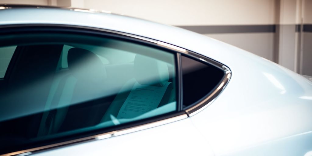 Car parked safely, insurance documents visible inside.