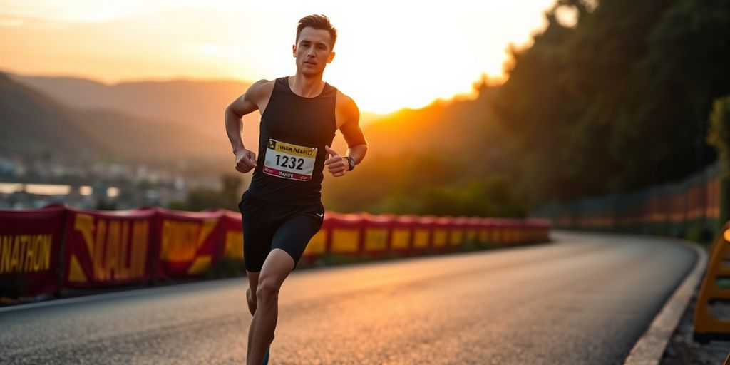 Athlete running on a scenic marathon route at sunrise.
