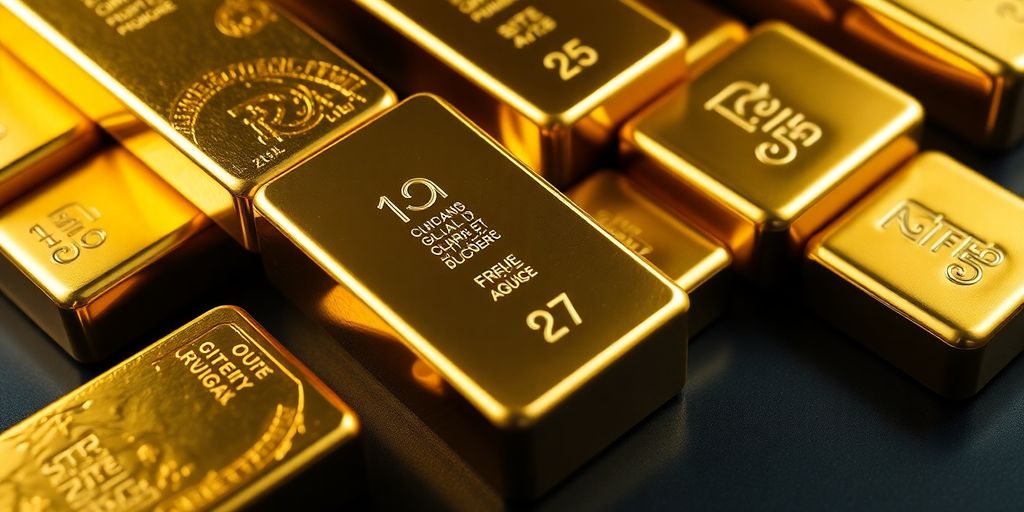 Lingots d'or de différentes tailles sur fond sombre.